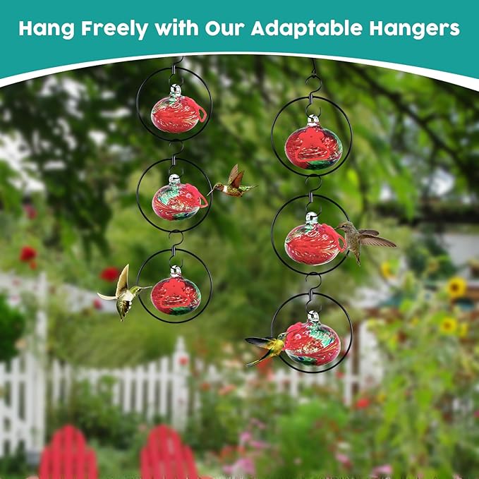 Headak Life Flexible 6 Pack Hummingbird feeders for Outdoors Hanging Ant and Bee Proof,Detachable Hand Blown Glass Hummingbird Feeder with 6 Adjustable Silicone Perch(Red)