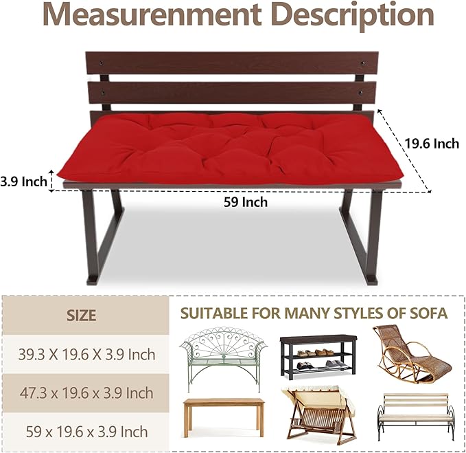Yddsky Waterproof Indoor Outdoor Garden Bench Seat Cushions,Thicken Patio Bench Soft Rocking Chairs Pad Lounger Seat for Porch Wicker Loveseat Settee (59 X 19.6 in,Red