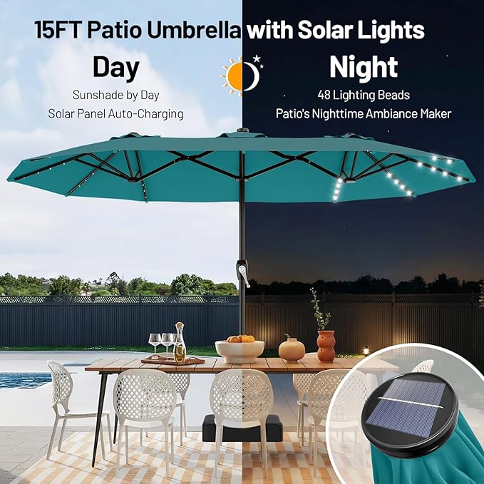 AreShark 15FT Patio Umbrella with Solar Lights, Double Sided Outdoor Table Umbrellas with Crank, Large Rectangular Market Umbrella for Porch, Lawn, Pool, Backyard, Lake Blue
