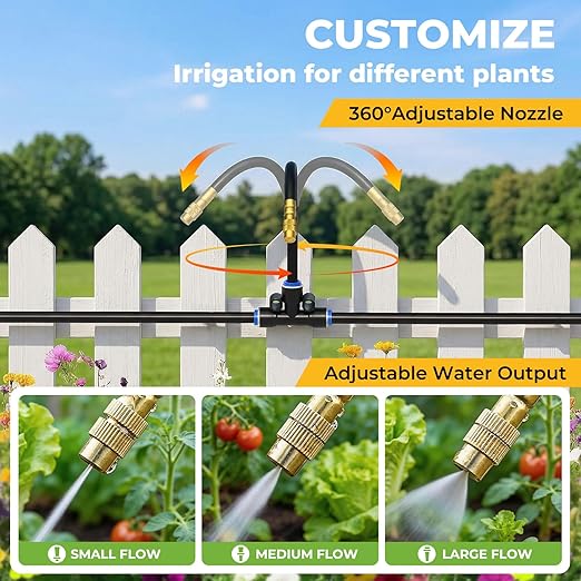 100FT Drip Irrigation Kit for Garden, 360° Adjustable Watering System with 1/4" Tubing, Brass Adjustable Misting Nozzles, DIY Irrigation System for Plants, Lawn, Greenhouse