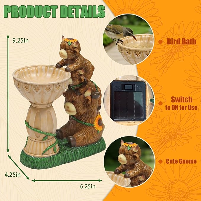 Sheaifun Solar Garden Statues Highland Cow Garden Decor Resin Highland Cow Statue with Bird Bath Feeder Light Animal Figurine Outdoor Yard Patio Lawn Decoration Gardening Gifts for Women 9.5 Inch