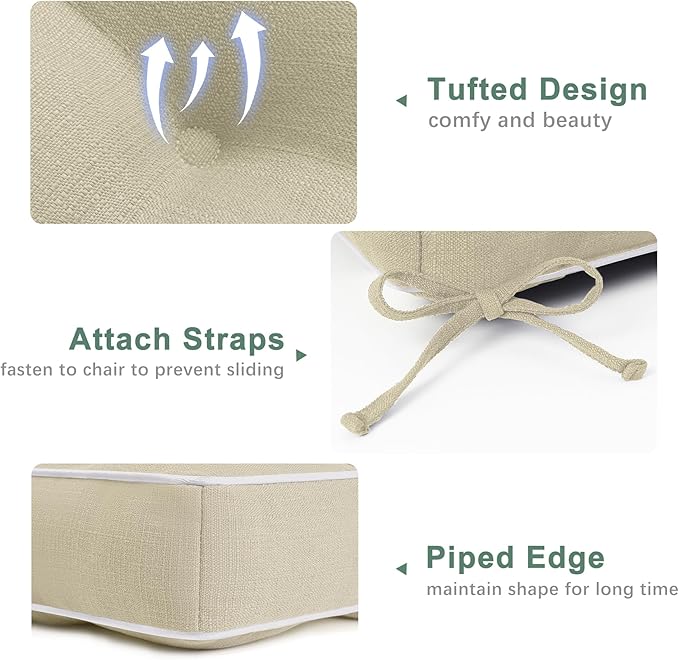 Favoyard Patio Chair Cushions 17 × 17 Inch Water Resistant & 3-Year Color Fastness Outdoor Chairs Cushion for Seat Dining Rocking Wicker Chair Cushion With Tie Straps Tufted Square Pads, Beige, 2 Pack
