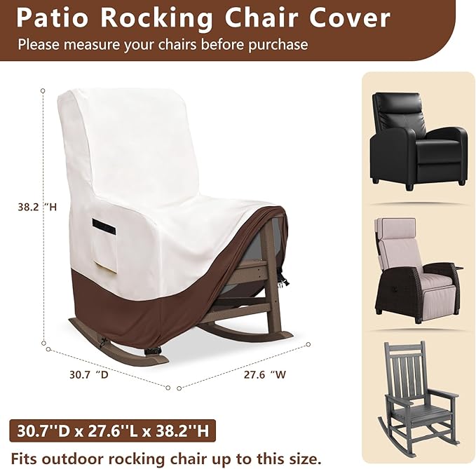 Outdoor Rocking Chair Covers, 600D Heavy Duty Waterproof Patio Recliner Chair Cover, Outdoor Furniture Covers Waterproof for Lawn/Garden Patio Rocking/Recliner Chair, Beige&Brown