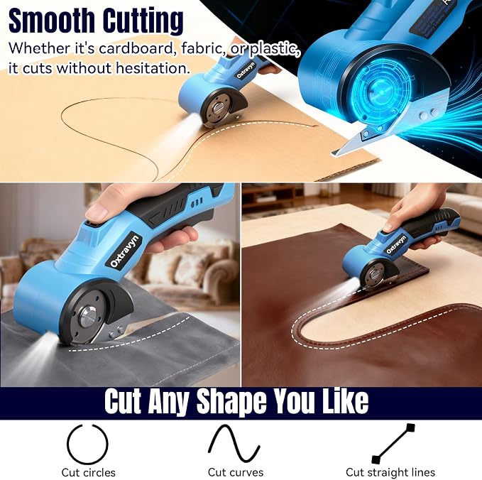 Electric Scissors, Box Cutter, Cardboard Cutter, Cordless Electric Scissors, 320RPM Rotary Cutter, 3000mAh Battery, LED Light, 2 Blades, Electric Box Cutter for Fabric Carpet Carton Plastic Leather