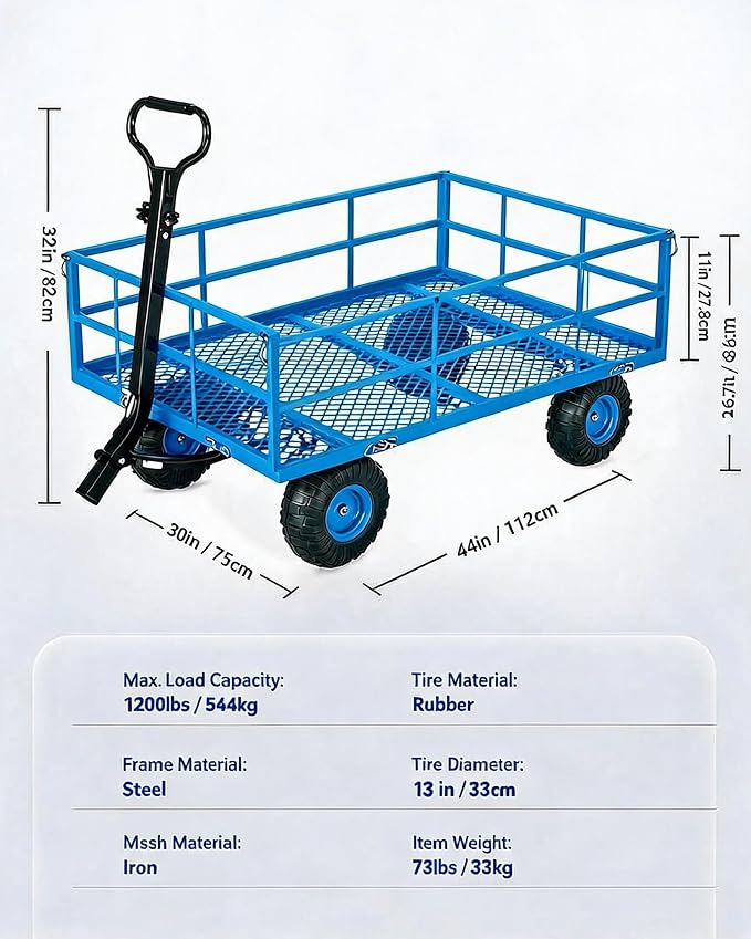 Garvee Steel Garden Cart, 1200 LBS Capacity Utility Outdoor Wagon, Heavy Duty Mesh Garden Wagon with Removable Sides, 2-in-1 Handle, 13" Tires for Yard, Lawn, Garden