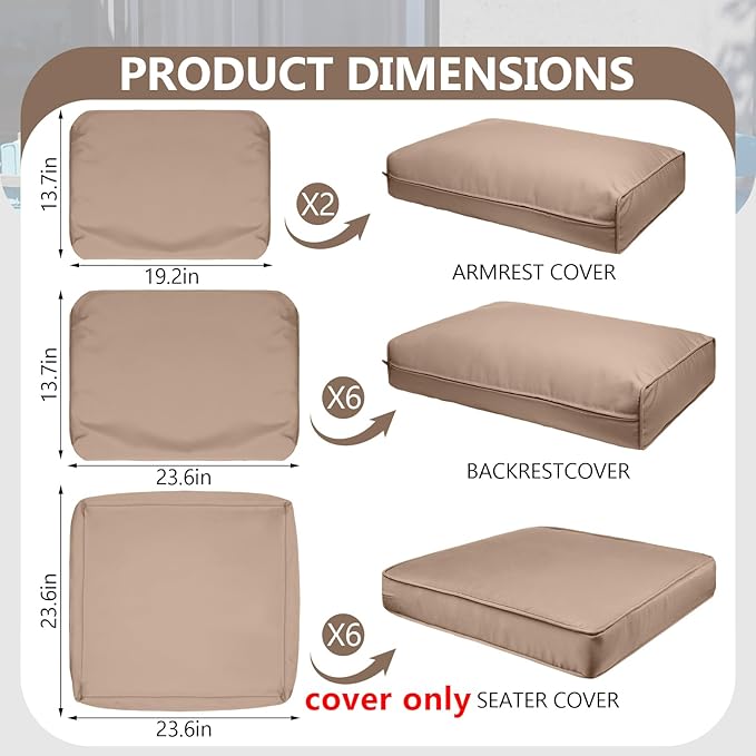14 Piece Outdoor Patio Waterproof Cushion Covers, Fits 6-Seat Wicker Rattan Sectional Couch Chair Furniture Cover Replacement Set - Fade-Resistant Patio Cushion Covers with Zipper