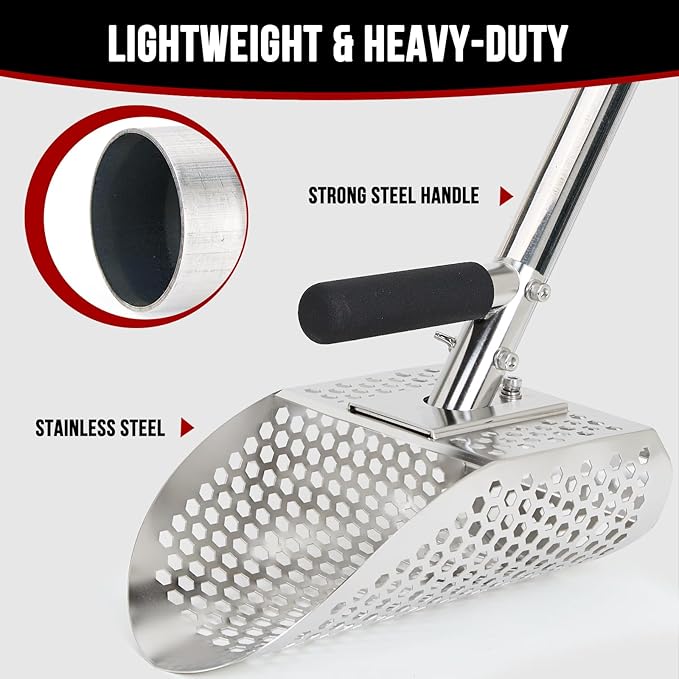 Sand Scoop for Metal Detecting, Stainless Steel Metal Detector Scoop with Long Steel Handle, Sand Sifter for the Beach, Metal Detector Accessories, Metal Detecting Shovel, Sand Flea Rake for Beach