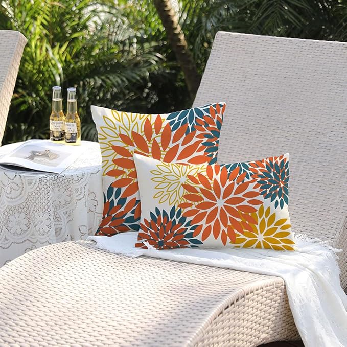 DFXSZ Orange Yellow Flower Pillow Covers 12x20 Inch Set of 2 Fall Throw Pillows Outdoor Waterproof Decor for Living Room Sofa Patio Funiture Garden Floral Polyester Pillow Covers 012E12