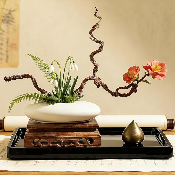 Japanese Inspired Ceramic Vase Ikebana kit, Pebble Shaped Flower Arrangement Bowl with 2inch Flower Frog Pin Frog Flower Stems Holder (White)