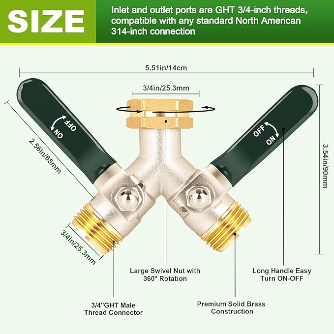 Hose Splitter 2 Way, Brass High Flow Garden Hose Splitter Heavy Duty, Hose Connector, Water Spigot Splitter, Full Flow Faucet Splitters with shutoff, 3/4” GHT Inlet
