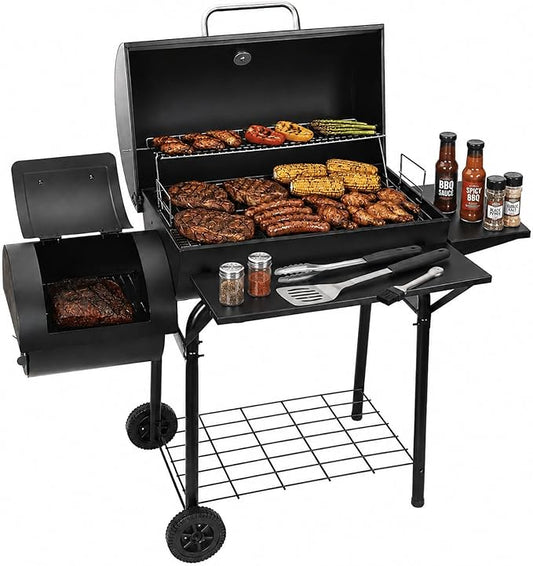 Realcook Charcoal Grill with Offset Smoker: Spacious Barrel Charcoal Grills with 800 Sq. In. Cooking Space - BBQ Offset Smoker Combo for Backyard Parties Weekend Barbecues Gatherings