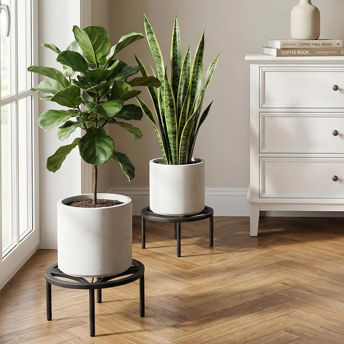 TOSKING 2-Pack Fully Assembled Heavy Duty Metal Plant Stand, Geometric Flower Pot Holder for Heavy Potted Plant, Rustproof Iron Plant Riser with Adjustable Feet, 200 LBS Capacity, No Installation Required, Indoor/Outdoor, Black (11.81"Dia x 6.5"H)
