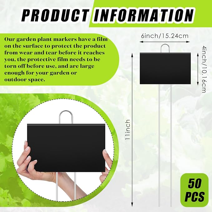 Landhoow 50 Pcs Large Garden Plant Markers Metal Plant Labels Sign 4'' x 6'' with 11'' Stake Weatherproof Waterproof Garden Sign for Outdoor Tree Seedlings Herbs Vegetable Greenhouse, Black