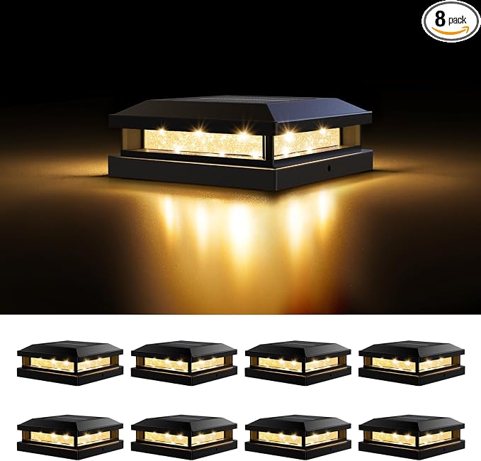 Brightever 4x4 Solar Post Cap Lights Outdoor 8 Packs, Waterproof Solar Powered Deck Light for 5x5 Vinyl/Wooden Posts, Black Outside Warm/Cool Lighting Fence Cap Lights with 16LEDs for Garden, Patio