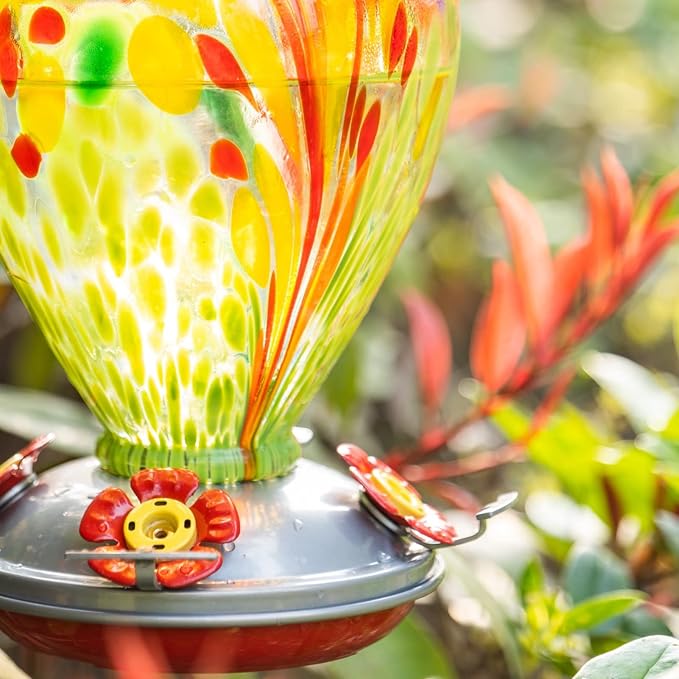 Muse Garden Hummingbird Feeders for Outdoors Hanging, Blown Glass Hummingbird Feeder, Hummingbird Gifts for Mom, Garden Decor for Outside, Unique Gifts Idea for Women, 34 OZ, Green Fireworks | Muse Garden Hummingbird Feeders for Outdoors Hanging, Blown...