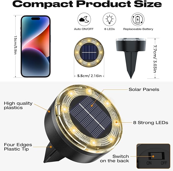 vighep Mini Outdoor Solar Lights，8 Pack Solar Garden Light for Outside IP65 Waterproof, 8 LED Disc Landscape Lighting for Garden Yard Driveway Walkway Poolside Deck Lawn Patio，Warm White