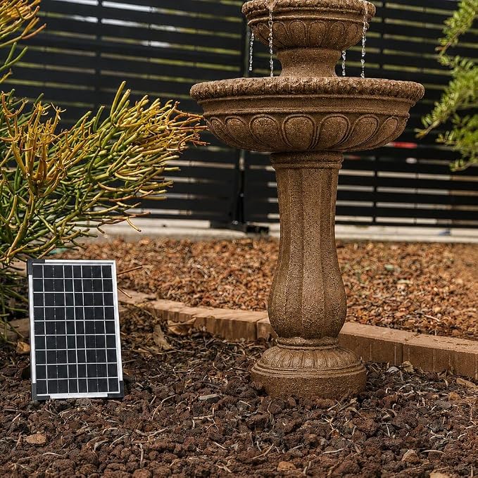 XBrand 39" Solar Water Fountain, Sand Stone Resin | 2-Tier, Outdoor