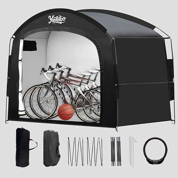 XXL Bike Storage Tent, Waterproof Portable Bicycle Shelter with 30% More Top Storage Space for 3-5 Bikes, Easy Setup Outdoor Bicycle Tent, Clips for Camping, Sports Equipment, Outdoor Storage, Black