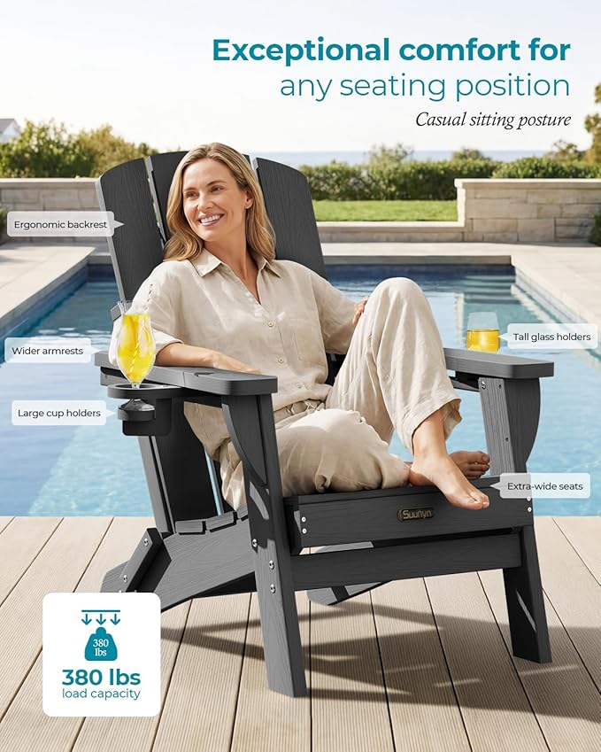 Folding Adirondack Chair, HDPE All-Weather Fire Pit Chairs, Plastic Adirondack Chairs with 2 Cup Holder, Outdoor Lawn Chair for Patio Garden (Grey)