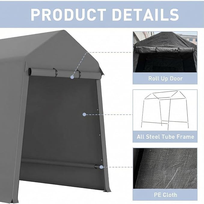 Garvee 6X8 Ft Outdoor Storage Shed, 2 Rolled Up Zipper Doors Portable Storage Shed, Waterproof Cover Vents Carports Temporary Shelter for Bike, Motorcycle, Gardening Tools, Generator, Grey