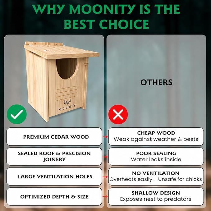 MOONITY Large Premium Cedar Owl House – 16" x 12" x 12" Weatherproof Nesting Box for Barn & Screech – Durable, Safe & Easy to Install