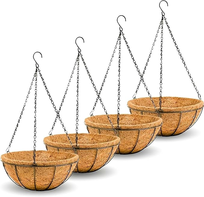 Metal 10 inch Round Planter, 4 Pack Hanging Wire Basket with Coco Fiber Liners, for Outdoor Plants Decoration