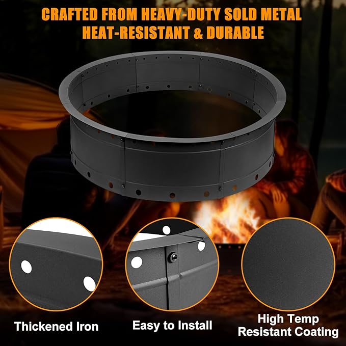 Fire Pit Ring, 31 Inch Round Steel Firepit, Black, Powder Coated, Wood Burning, Air Vent for Efficient Burning