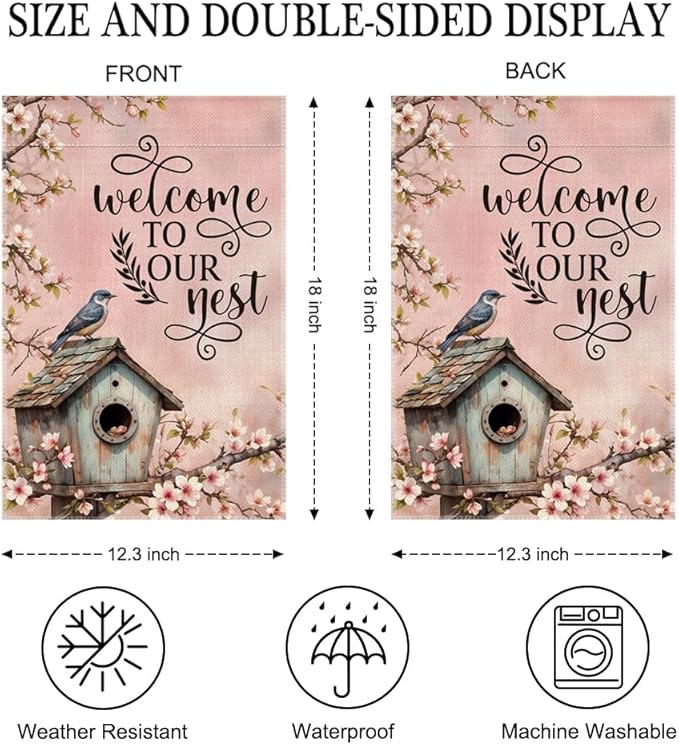 Welcome To Our Nest Garden Flag Double-Sided Yard Outdoor Decoration 12x18 Inch, Outdoor Bird Nest Flower Welcome Garden Flag, Home Decor Banners, New Home Housewarming Gifts