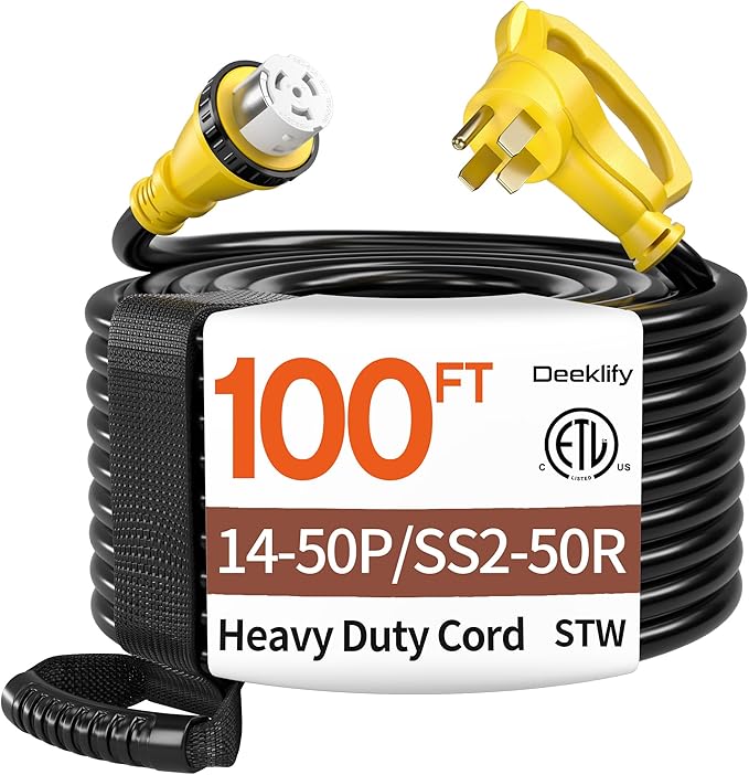 100FT 40 Amp Generator Cord, NEMA 14-50P/SS2-50R Heavy-Duty 4 Conductors Cable, Pure Copper STW RV Extension Cord, Female Plug with Twist Lock, Suitable for RV or Camper, ETL Listed