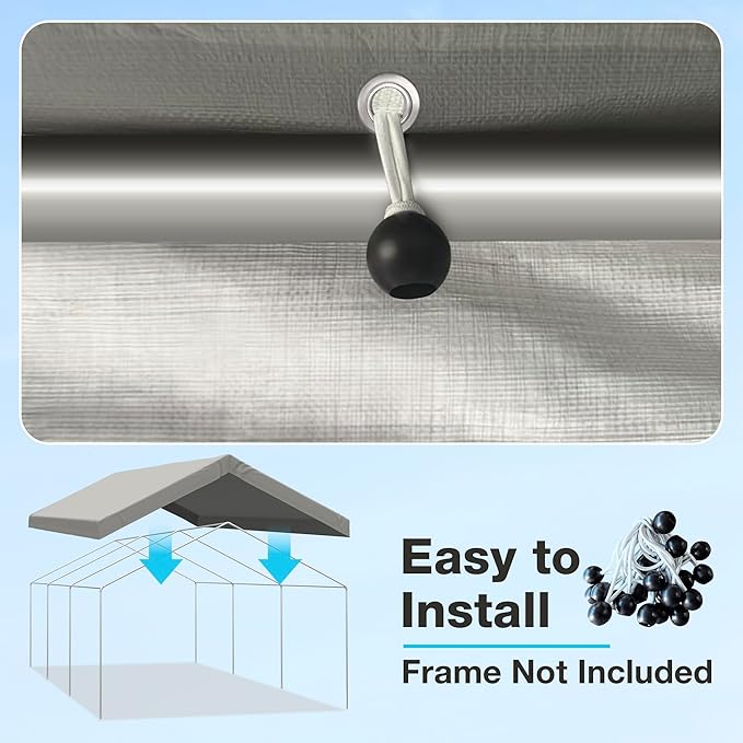 10x20 FT Carport Replacement Canopy Top Upgraded Car Port Canopy Cover for Carport Party Tent Waterproof & UV Protected, Easy Installation with Ball Bungees, Grey (Top Cover Only, Frame Not Included)