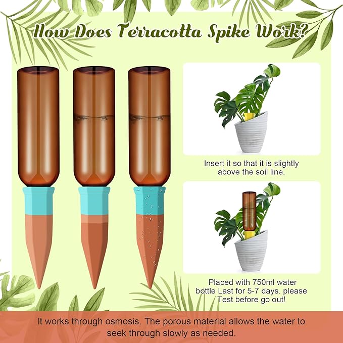SiliFine 6 Sets Plant Watering Devices Include Terracotta Self Watering Spikes and 26 oz Plastic Bottles, Slow Release Vacation Insert Automatic Plant Waterer Device (Brown and Mixed Color)