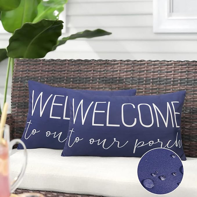 Merrycolor Pack of 2 Navy Blue Outdoor Waterproof Lumbar Pillow Covers 12x20 Decorative Waterproof Outdoor Pillows for Patio Furniture (Welcome)