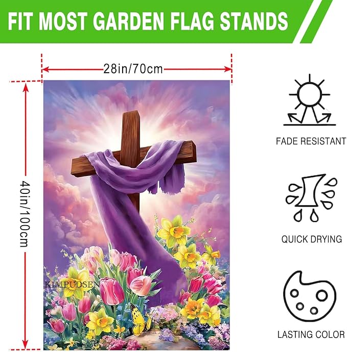 Spring Summer Easter House Flag 28x40 Inch Double Sided Large Burlap Cross Tulip Lily Flower Yard Garden Flags for Seasonal Farmhouse Outside Outdoor Decoration