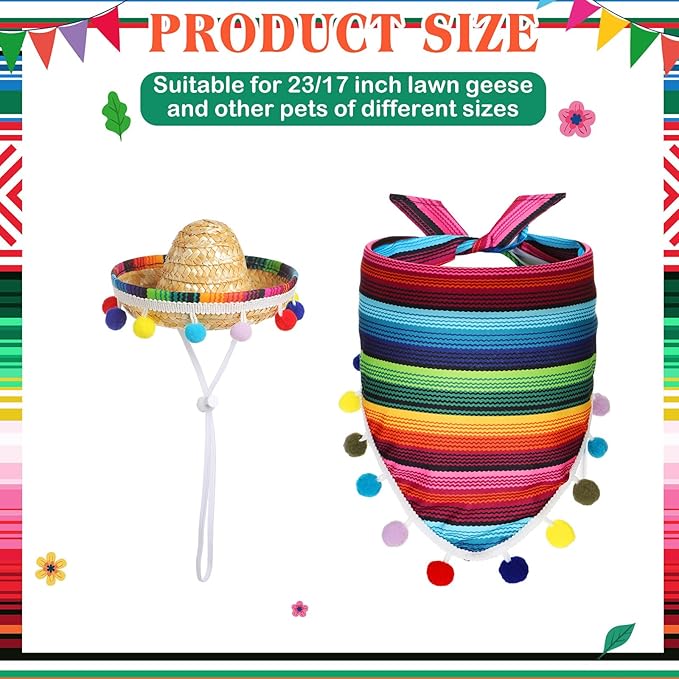 Shyyween Mexican Porch Goose Outfit for 23"/ 17'' Lawn Goose Statue Sombrero with Bandana Scarf for Garden Patio Yard Decor(Colorful)