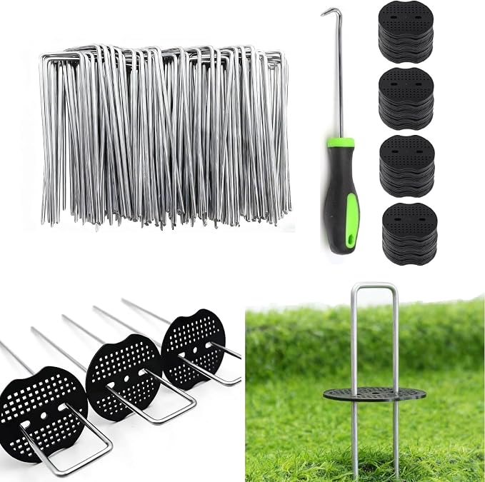 4 Inch 200 PCS Galvanized Landscape Staples with 200 PCS Gasket, Landscape Fabric Pins Stakes Lawn Ground Cover Graden Staples Spikes Weed Barrier Stakes