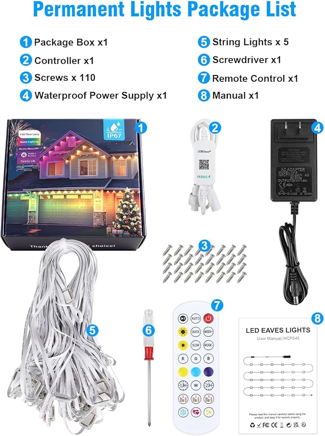 Permanent Outdoor Lights 250FT RGBIC LED Smart LED Lights, App/Remote Control IP68 Waterproof for Holiday Decor, 50 Scene Modes, DIY Lights Color Lighting Timing for Christmas Halloween Party