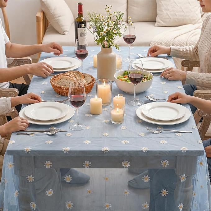 Horaldaily Blue Embroidery Daisy Spring Summer Gauze Tablecloth 60×84 Inch Rectangular, Seasonal Tulle Table Cover, Garden Party Decorations for Wedding, Party, Holiday Dining