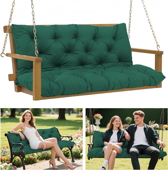 Porch Swing Cushions 60x40 Inch, 5" Extra Thick Waterproof Outdoor Swing Seat Cushion with Backrest & 8 Non-Slip Ties PP Cotton + Memory Foam Fill, Fade-Resistant 3-Seater Replacement for Patio Bench