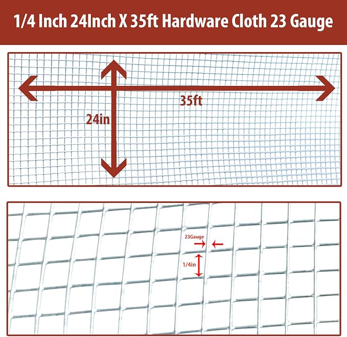 Galvanized Hardware Cloth 1/4" 23 Gauge - 24" x 35ft Welded Wire Mesh (Hot-Dip Galvanized After Welding) - Heavy Duty Chicken Wire for Garden Fencing, Vegetable Protection, Animal Cages, DIY Projects