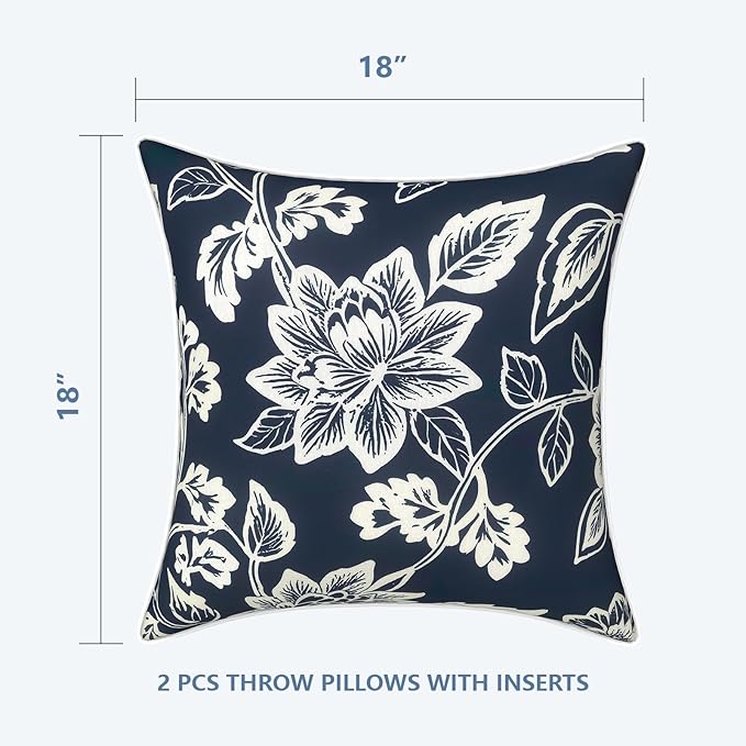LVTXIII Outdoor Throw Pillows 18x18 Patio Waterproof Square Pillows with Piping Fade Resistant Accent Pillow for Spring Summer Garden Decoration, Set of 2, Elegant Vines Navy