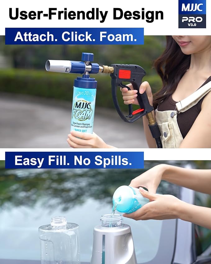 MJJC PRO V3.0 Ultimate Foam Cannon for Pressure Washers – Professional Car Wash Accessory Kit with Thick Foam, Stainless Steel, 44 fl oz Bottle (Pro V3.0 (1/4" Quick Connector) + SOAP Sample)