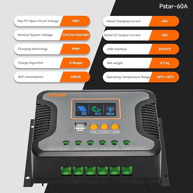 PowMr 60A Solar Charge Controller 12V/24V/36V/48V Auto Regulator with Parameter Adjustable LCD Display and Dual USB for Lithium Battery, AGM, Gel, Sealed and Flooded Battery Charge