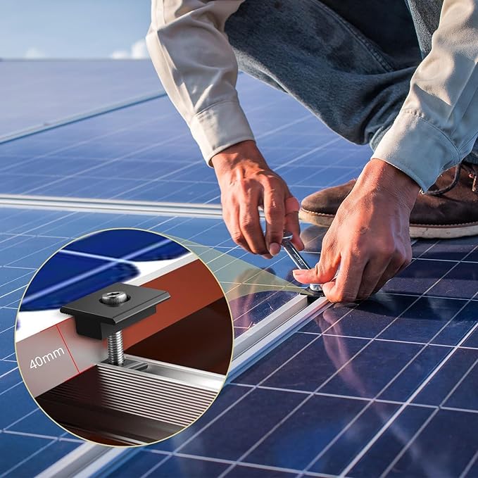 Anbte 10pcs Solar Panels Centre Clamps, Aluminium T-Shaped Mid Clamps 40mm Solar Panel Mounting Brackets Solar Mounting Rail Connector for Metal Roof, Tin Roof, Flat Roof, Sheet Roof, Black