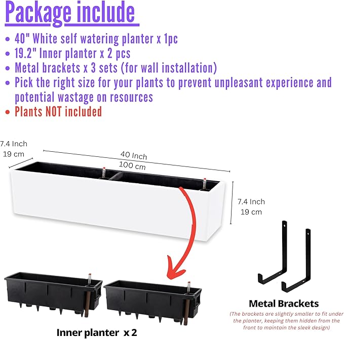 LaLaGreen Planter Boxes Outdoor (40 Inch, 1 Pack) Rectangular Self Watering System Window Flower Boxes with Bracket, Large White Planters Vertical Plant Container Hanging Wall Mount Indoor Succulents