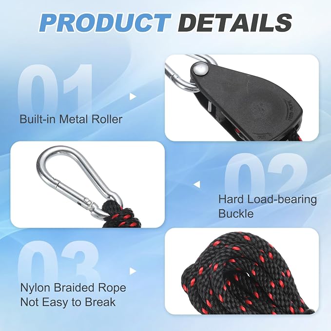 uxcell 4 Pairs 1/4" Adjustable Rope Hanger, 11.81ft(3.6 Meter) Heavy Duty Ratchet Tie Down Strap with Rope Clip Hanger for Hanging Plants, Grow Light and Various Tie-Down Uses, Black/Red