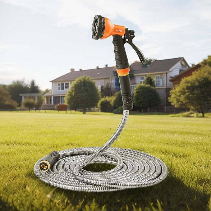 VEVOR Garden Hose Metal 75 ft, Rust Proof Stainless Steel Water Hose, Heavy Duty Backyard Hose with 10 Function Nozzle, No-Kink & Flexible Water Pipe, Lightweight Metal Hose for Yard, Outdoor