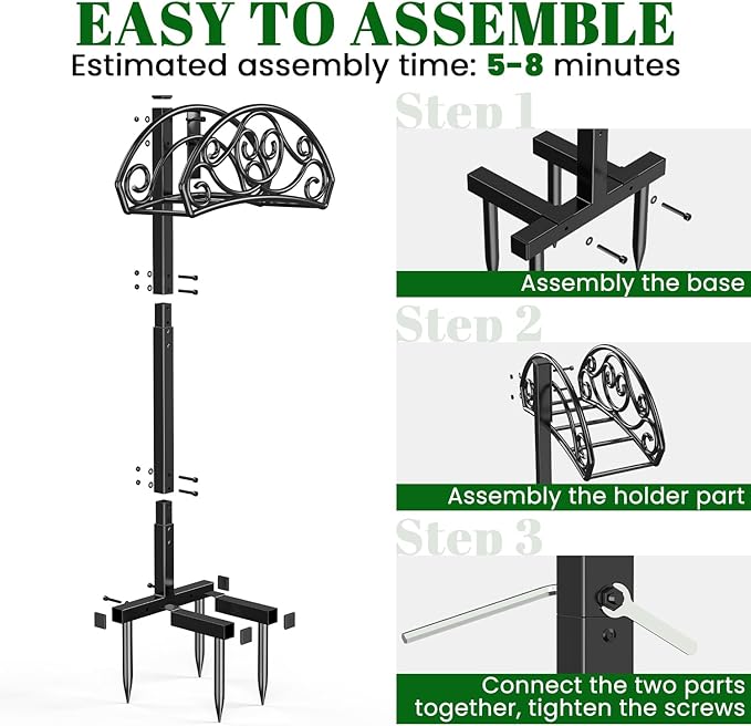 Sunvigor Garden Hose Holder, Heavy Duty Metal Hose Stand with 4 Spikes, Holds Up to 150FT Hose, No Drill Freestanding Hose Reel Alternative for Yard Lawn Outdoor