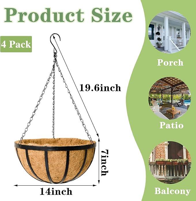 Black Flat Iron Metal Hanging Planter Basket with Coco Coir Liner(4 Pack, 14 Inch) Hanging Planters for Outdoor Plants Round Plant Flower Pots Hanging Flower Basket for Outdoor Patio Garden Decoration