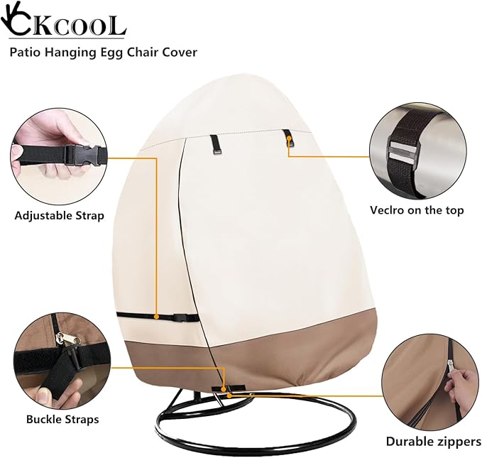 okcool Patio Hanging Egg Chair Cover, Waterproof Heavy Duty Outdoor Double Seat Swing Egg Chair with Stand Cover(Beige & Brown, 66″W x 43″D x 68″H)