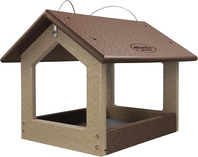 DutchCrafters Amish USA Made Recycled Plastic Large Hanging Modern Fly Through Covered Roof Open Platform Tray Bird Feeder for Outdoors, Garden, Yard (Tudor Brown & Weatherwood)